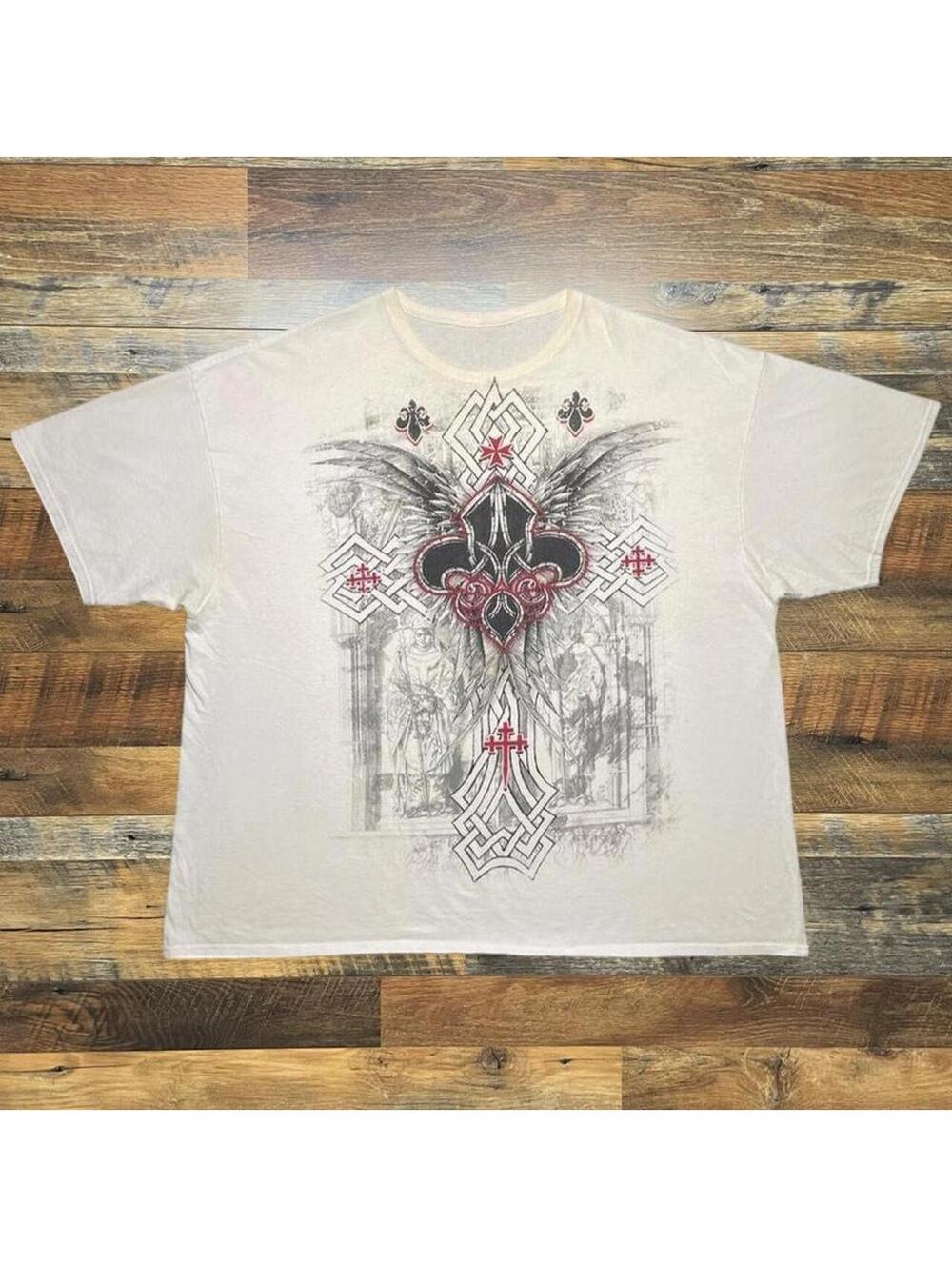 Y2K Gothic Cross Wings Ghost Affliction Style T-Shirt Size 2XL